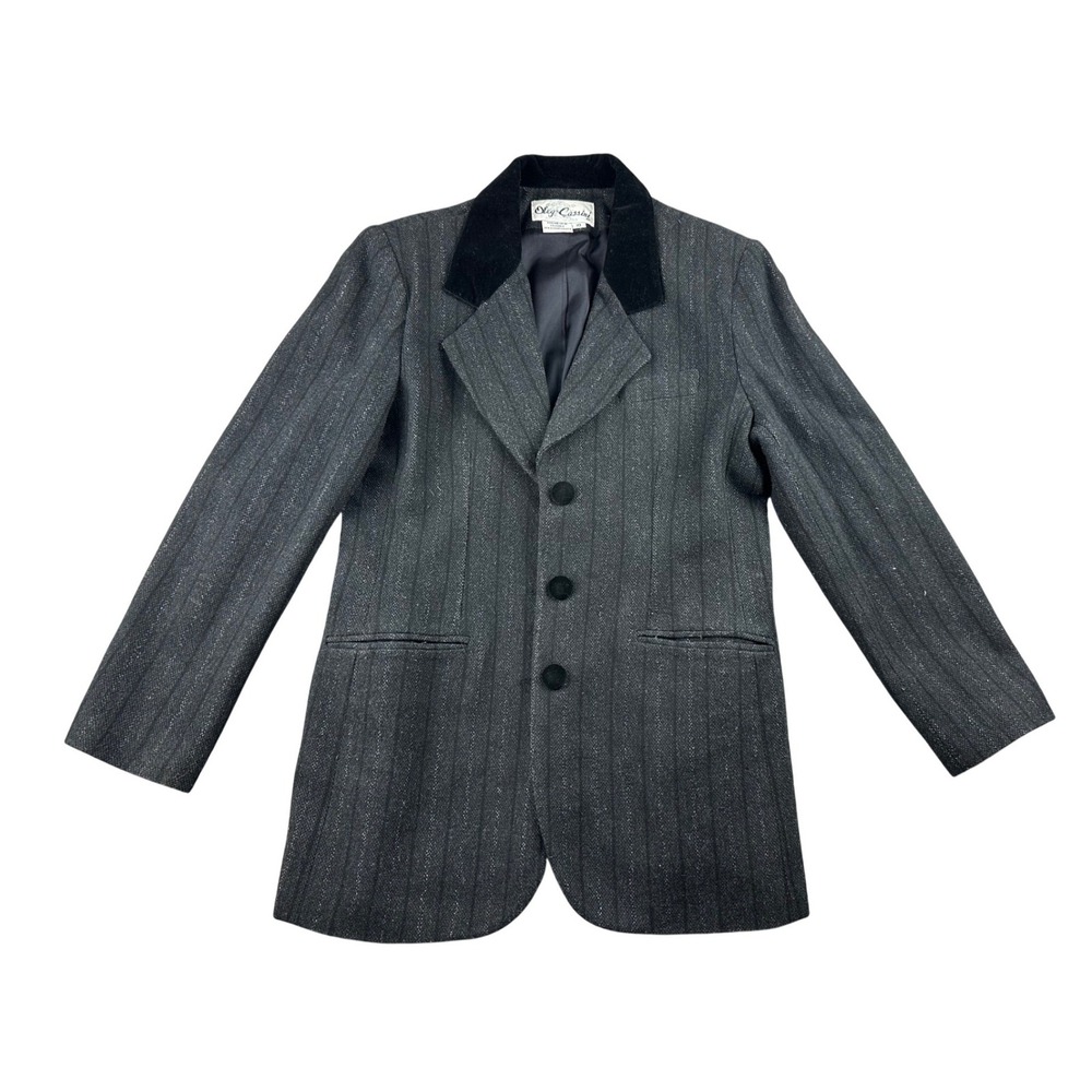 Vintage Oleg Cassini Blazer Women 10 Gray Wool Striped Velvet Collar Work Preppy